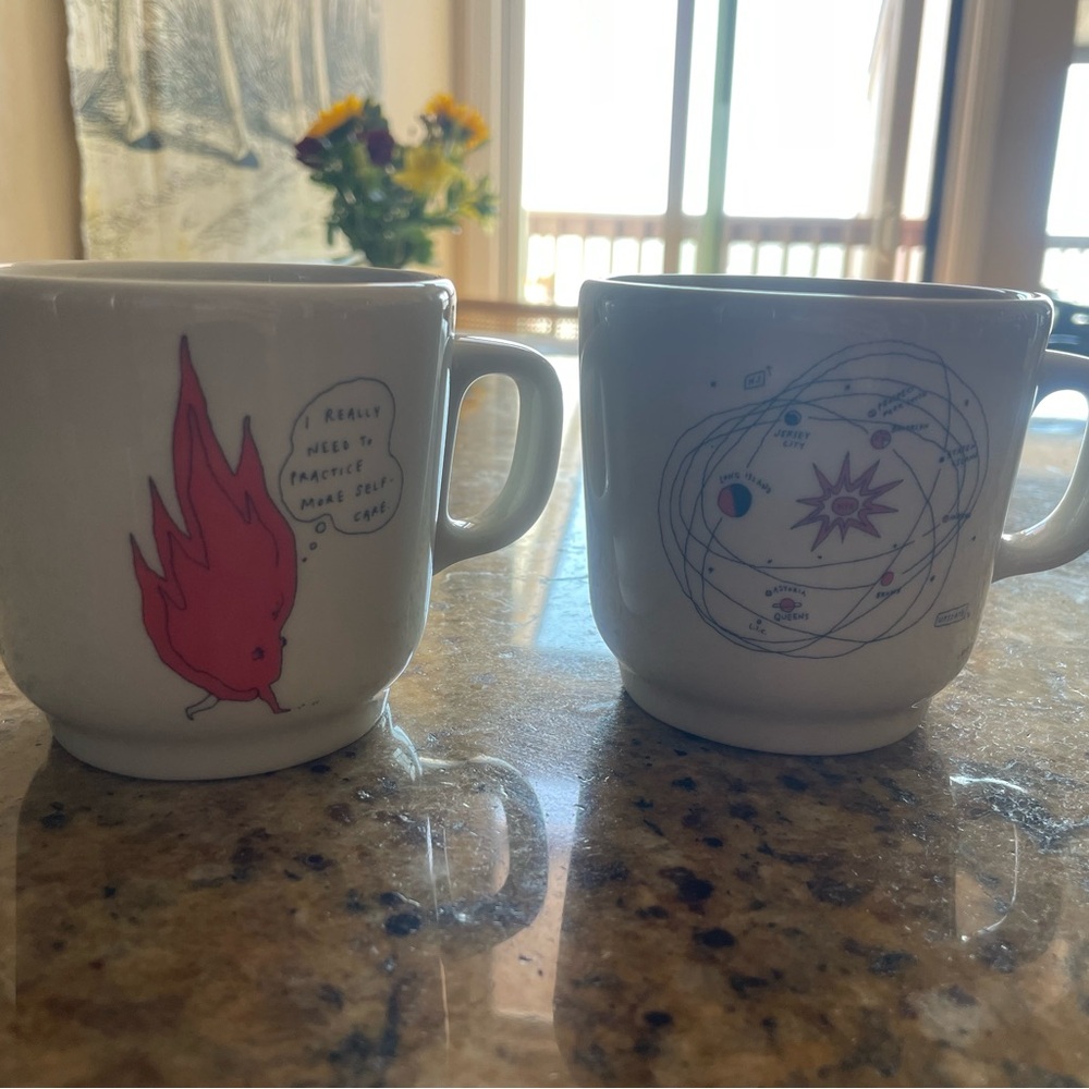White Ceramic Mug Set with Red and Blue Designs